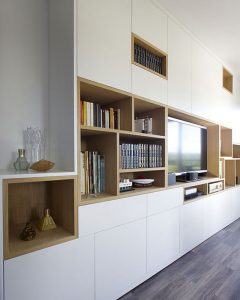 rangement, sur mesure, bibliothèque, meuble télé, bois, blanc, mon oeil dans la déco