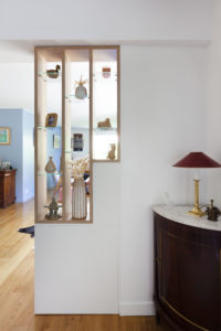 projet, menuiserie, bureau, secrétaire, claustra, séparation, étagères, rangement, appartement, boulogne-billancourt, val de marne, matériaux, mobilier, papier peint, meuble sur mesure, salon, salle à manger, séjour, contemporain, mon oeil dans la déco