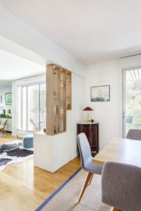 projet, menuiserie, bureau, secrétaire, claustra, séparation, étagères, rangement, appartement, boulogne-billancourt, val de marne, matériaux, mobilier, papier peint, meuble sur mesure, salon, salle à manger, séjour, contemporain, mon oeil dans la déco