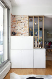 projet, menuiserie, bureau, secrétaire, claustra, séparation, étagères, rangement, appartement, boulogne-billancourt, val de marne, matériaux, mobilier, papier peint, meuble sur mesure, salon, salle à manger, séjour, contemporain, mon oeil dans la déco