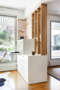 projet, menuiserie, bureau, secrétaire, claustra, séparation, étagères, rangement, appartement, boulogne-billancourt, val de marne, matériaux, mobilier, papier peint, meuble sur mesure, salon, salle à manger, séjour, contemporain, mon oeil dans la déco