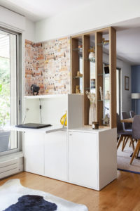 projet, menuiserie, bureau, secrétaire, claustra, séparation, étagères, rangement, appartement, boulogne-billancourt, val de marne, matériaux, mobilier, papier peint, meuble sur mesure, salon, salle à manger, séjour, contemporain, mon oeil dans la déco