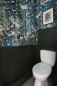 projet, rénovation, décoration, architecture, architecture d'intérieur, entrée, rangement sur mesure, mon oeil dans la déco, val de marne, créteil, wc, toilettes, vert, sous-bassement, libellule, papier peint, ressource