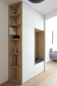 projet, rénovation, décoration, architecture, architecture d'intérieur, entrée, rangement sur mesure, suspension, harto, banc, claustra, mon oeil dans la déco, val de marne, vincennes