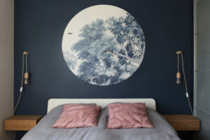 projet, rénovation, décoration, maison, matériaux, peinture, bleu, harto, beige, bleu, au fil des couleurs, dream forest blue, panoramique, chevet, papier peint, chambre, contemporain, mon oeil dans la déco, champigny sur marne