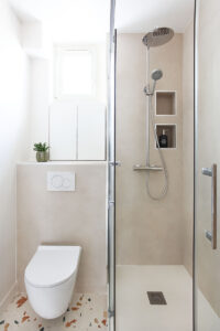 projet, rénovation, décoration, salle de bains, neuilly sur seine, optimisation espace, nogent sur marne, mon oeil dans la déco, vert, terrazzo, blanc, bois, minéral, salle de bains
